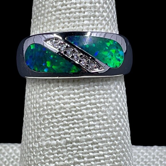 Lia Sophia Blue Green Inlay Ring Silver Tone Crystal Accent Modern Statement Chi - Picture 5 of 10